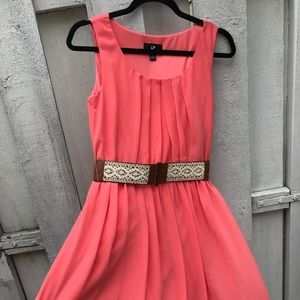 NWT IZ BYER Coral Summer Dress W/ Lace Brown Belt